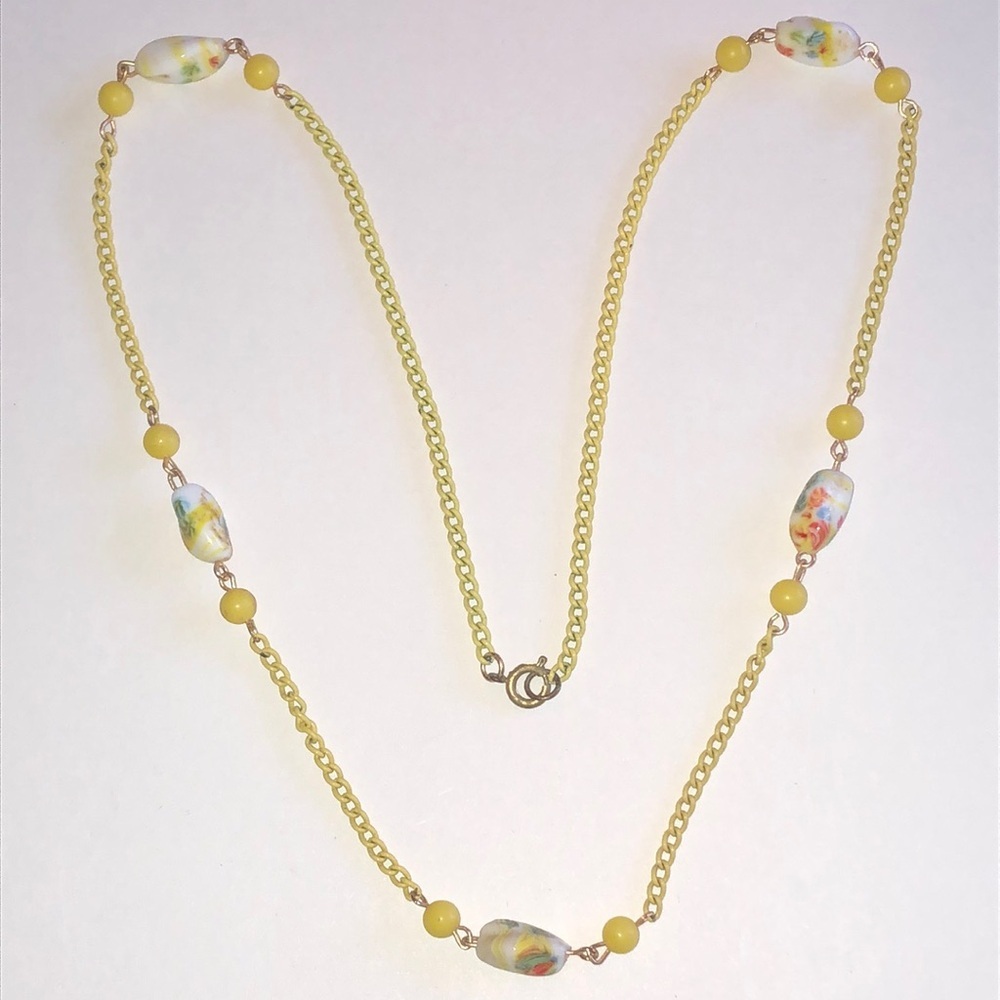 Vintage Yellow Enamel Chain Glass Floral Beaded Necklace